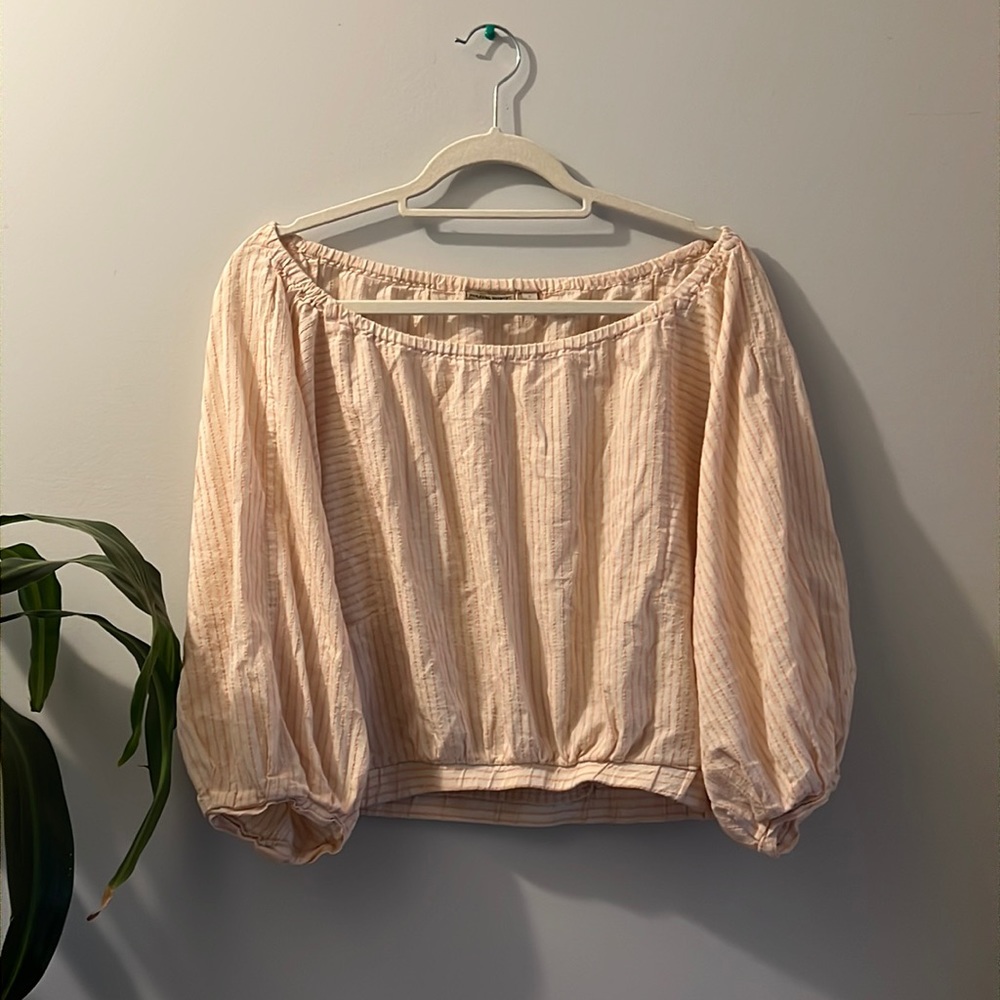 Anthropology | Holding Horses | Pink pinstriped off the shoulder blouse